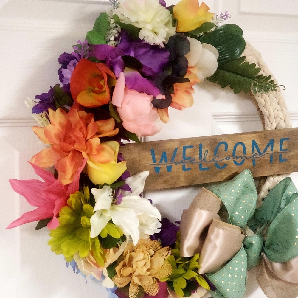 Spring Floral Braided Welcome Wreath Front Door